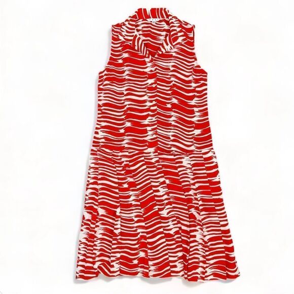 Cabi Brushstroke Drop Waist Pleated Sleeveless Shift Dress Red White Medium - Picture 13 of 13